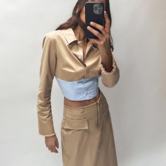 BNWT ZARA CONTRASTING FITTED CROP SHIRT LAPEL COLLAR LONG SLEEVES TAUPE BROWN M - Picture 1 of 7